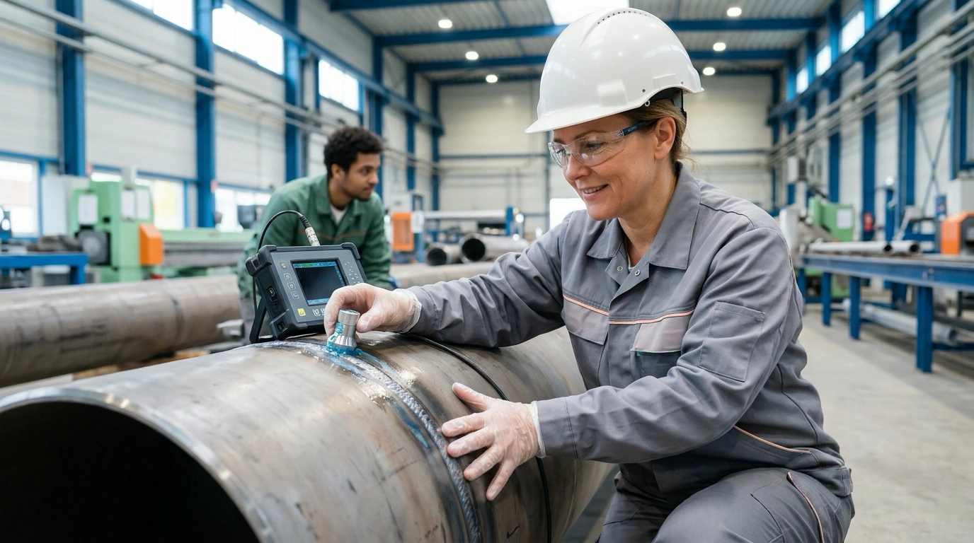 Werkstoffprüferin mit Schutzhelm prüft ein großes Stahlrohr in einer Industriehalle